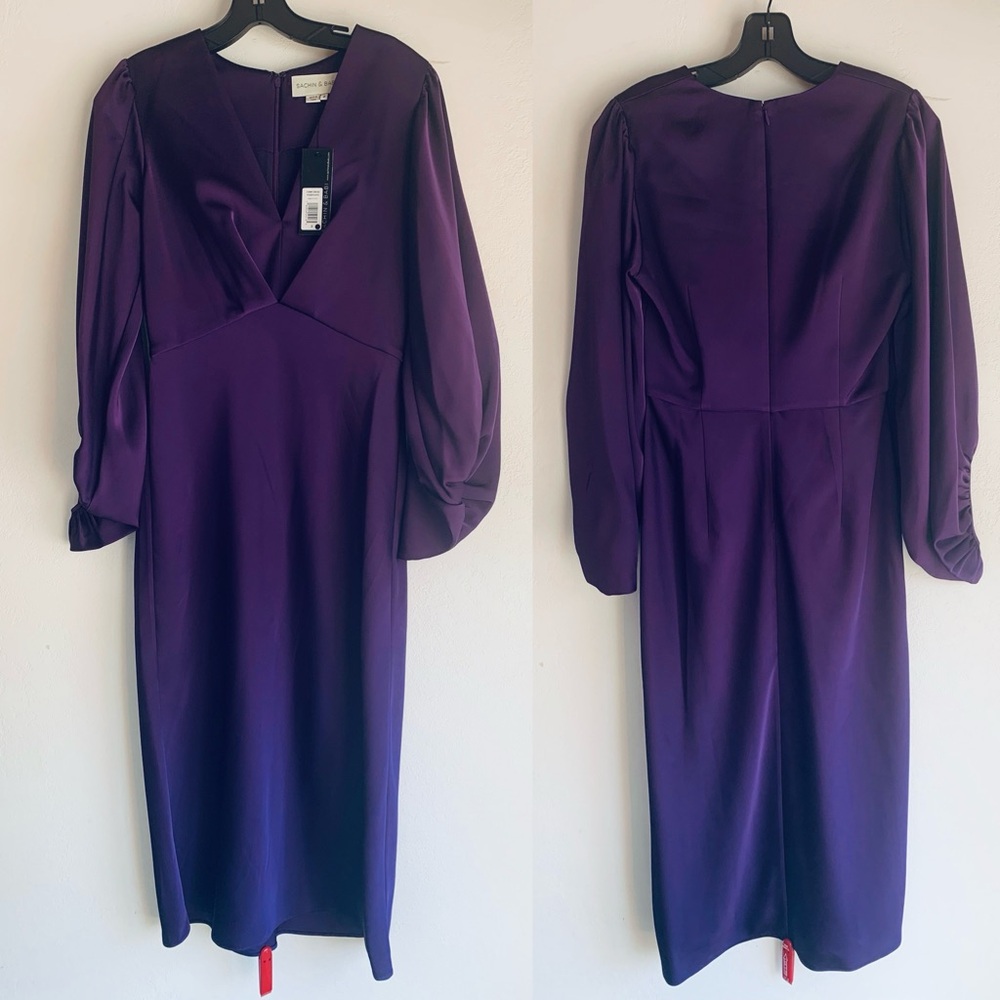 Sachin & Babi Womens Purple Below The Knee Long Sleeve Dress Cocktail Dress Sz 6 - Picture 8 of 11